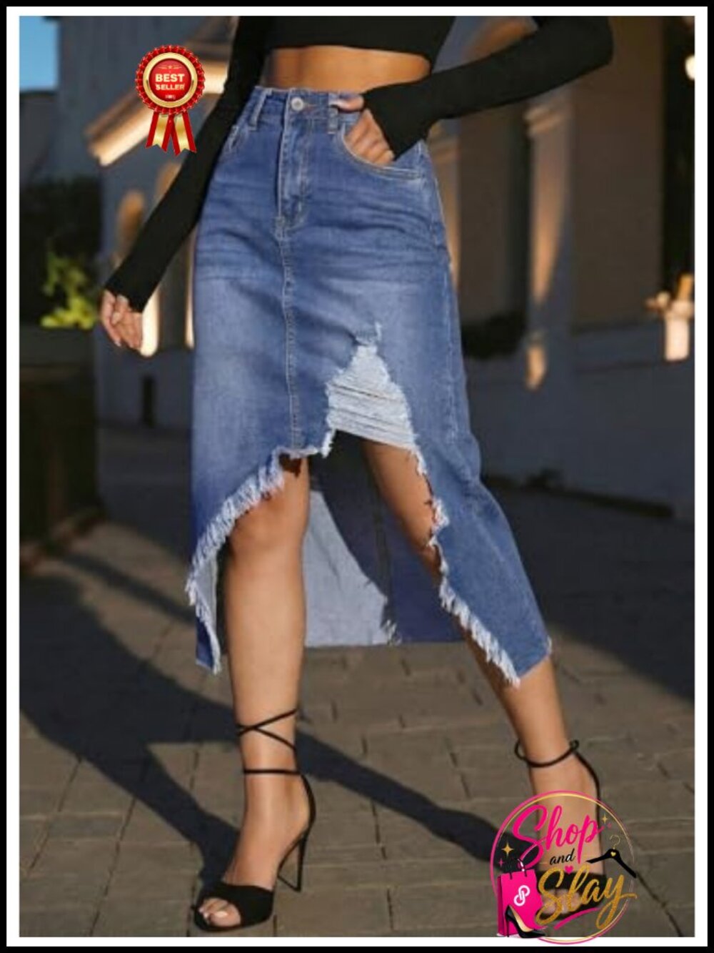 High Waisted Distressed Denim Midi Skirt Button Front Ripped - Picture 3 of 4